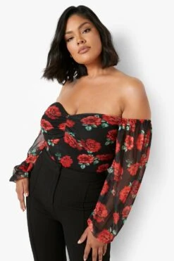 Plus Bardot-Body Mit Rosen-Print