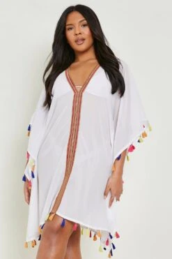 Plus Strand-Kimono Mit PomPoms -Plus Jane Stil Geschaft gzz08088 white xl 2