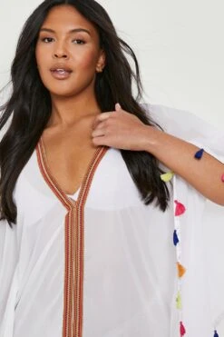 Plus Strand-Kimono Mit PomPoms -Plus Jane Stil Geschaft gzz08088 white xl 3