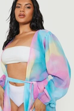 Plus Batik Chiffon Strand-Kimono Mit Gürtel -Plus Jane Stil Geschaft gzz12782 multi xl 3