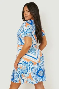 Plus Kurzärmliges Skaterkleid Mit Paisley-Print -Plus Jane Stil Geschaft gzz13435 blue xl 1