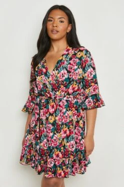 Plus Florales Wickelkleid Mit Gürtel -Plus Jane Stil Geschaft gzz17162 black xl 2