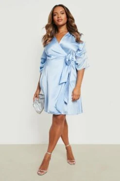 Plus Satin-Wickelkleid Mit Gerafften Ärmeln -Plus Jane Stil Geschaft gzz19596 baby20blue xl 2