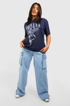 Plus T-Shirt Mit Nirvana Neon Pop Band Print -Plus Jane Stil Geschaft gzz26956 navy xl 2