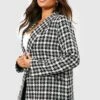 Plus Zweireihiger Karierter Bouclee-Blazer 1 Plus Zweireihiger Karierter Bouclee-Blazer -Plus Jane Stil Geschaft gzz30084 black xl