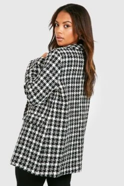 Plus Zweireihiger Karierter Bouclee-Blazer 7 Plus Zweireihiger Karierter Bouclee-Blazer -Plus Jane Stil Geschaft gzz30084 black xl 1