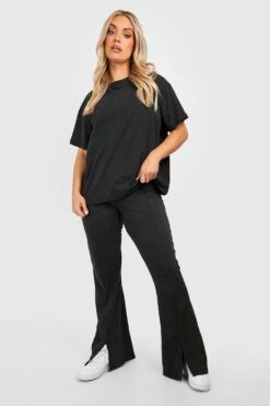 Plus Set Aus Schlag-Leggings Mit Geteiltem Saum & Oversize T-Shirt -Plus Jane Stil Geschaft gzz33597 black xl 2