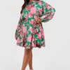 Plus Florales Skaterkleid Mit Detail Und Gürtel -Plus Jane Stil Geschaft gzz37977 green xl