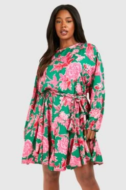 Plus Florales Skaterkleid Mit Detail Und Gürtel -Plus Jane Stil Geschaft gzz37977 green xl 2