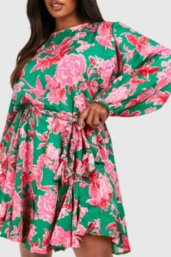 Plus Florales Skaterkleid Mit Detail Und Gürtel -Plus Jane Stil Geschaft gzz37977 green xl 3