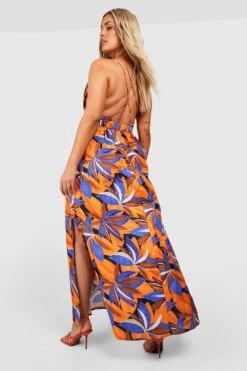 Plus Maxikleid Mit Tropischem Print, Rüschen-Detail Und Tiefem Ausschnitt -Plus Jane Stil Geschaft gzz38003 orange xl 1