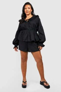 Plus Leinen Rüschen-Bluse Mit Schnür-Detail -Plus Jane Stil Geschaft gzz38165 black xl 2