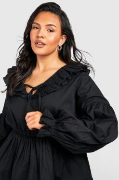 Plus Leinen Rüschen-Bluse Mit Schnür-Detail -Plus Jane Stil Geschaft gzz38165 black xl 3