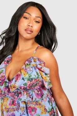 Plus Florales Mesh-Maxikleid Mit Rüschen 9 Plus Florales Mesh-Maxikleid Mit Rüschen -Plus Jane Stil Geschaft gzz38403 blue xl 3