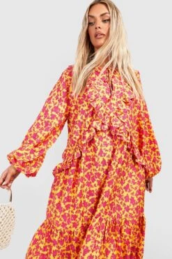 Plus Florales Rüschen-Midikleid -Plus Jane Stil Geschaft gzz38601 yellow xl 2