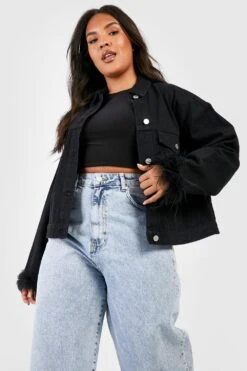 Plus Oversize Jeansjacke Mit Feder-Bündchen -Plus Jane Stil Geschaft gzz40429 black xl 2