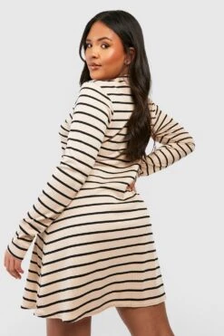 Plus Hochgeschlossenes Geripptes Kleid Mit Streifen -Plus Jane Stil Geschaft gzz40559 stone xl 1