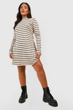 Plus Hochgeschlossenes Geripptes Kleid Mit Streifen -Plus Jane Stil Geschaft gzz40559 stone xl 2