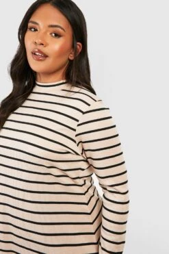 Plus Hochgeschlossenes Geripptes Kleid Mit Streifen -Plus Jane Stil Geschaft gzz40559 stone xl 3