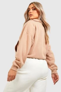 Plus Sweatshirt Mit Doppelten Tasche Und Halbem Reißverschluss -Plus Jane Stil Geschaft gzz41056 taupe xl 1