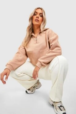 Plus Sweatshirt Mit Doppelten Tasche Und Halbem Reißverschluss -Plus Jane Stil Geschaft gzz41056 taupe xl 2