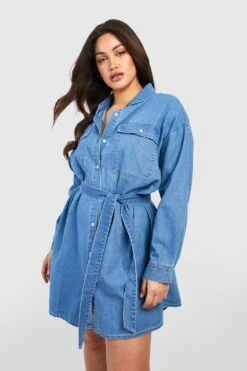 Plus Denim-Hemdkleid Mit Bindegürtel