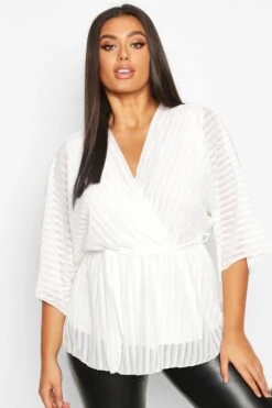 Plus Gestreifte Wickel-Bluse Mit Kimono-Ärmeln