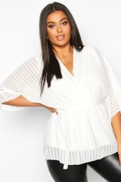 Plus Gestreifte Wickel-Bluse Mit Kimono-Ärmeln 9 Plus Gestreifte Wickel-Bluse Mit Kimono-Ärmeln -Plus Jane Stil Geschaft gzz41786 ivory xl 3