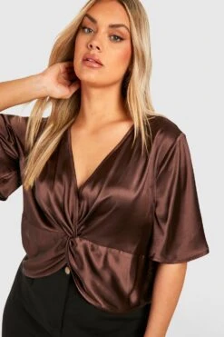 Plus Oberteil Mit Kurzen Ärmeln Und Twist Vorne -Plus Jane Stil Geschaft gzz42560 chocolate xl 3