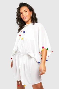 Plus Rundhals-Strandkleid Mit PomPoms -Plus Jane Stil Geschaft gzz42750 white xl 1