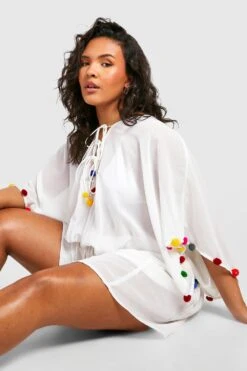 Plus Rundhals-Strandkleid Mit PomPoms -Plus Jane Stil Geschaft gzz42750 white xl 2