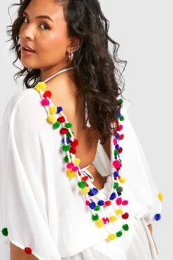 Plus Rundhals-Strandkleid Mit PomPoms -Plus Jane Stil Geschaft gzz42750 white xl 3