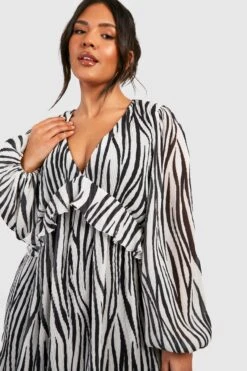 Plus Zebraprint Midi-Skaterkleid Mit Rüschen-Taille -Plus Jane Stil Geschaft gzz42899 black xl 3