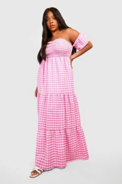 Plus Strukturiertes Gestuftes Bardot-Maxikleid Mit Gingham-Print -Plus Jane Stil Geschaft gzz43956 pink xl 2