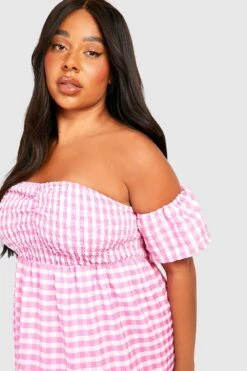 Plus Strukturiertes Gestuftes Bardot-Maxikleid Mit Gingham-Print -Plus Jane Stil Geschaft gzz43956 pink xl 3