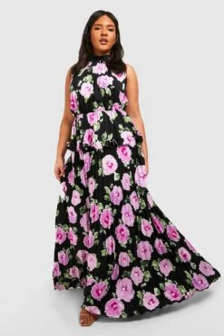 Plus Florales Neckholder-Maxikleid Mit Rüschen -Plus Jane Stil Geschaft gzz44125 black xl 2