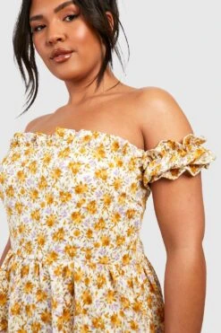 Plus Schulterfreies Rüschen-Maxikleid Mit Bindegürtel -Plus Jane Stil Geschaft gzz44234 yellow xl 3