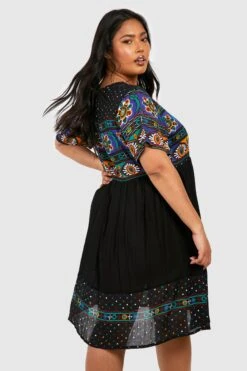 Plus Smok-Kleid Mit Retro-Print -Plus Jane Stil Geschaft gzz46231 black xl 1