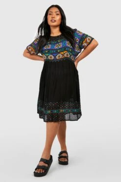 Plus Smok-Kleid Mit Retro-Print -Plus Jane Stil Geschaft gzz46231 black xl 2