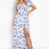 Plus Gerafftes Maxikleid Mit Pozellan-Print -Plus Jane Stil Geschaft gzz46263 blue xl