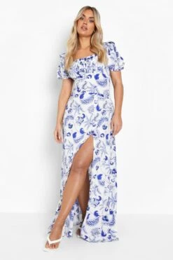 Plus Gerafftes Maxikleid Mit Pozellan-Print -Plus Jane Stil Geschaft gzz46263 blue xl 2