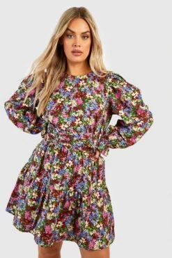 Plus Florales Skater-Kleid Mit Puffärmeln -Plus Jane Stil Geschaft gzz46296 berry xl 2