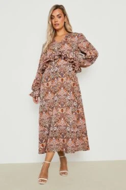 Plus Paisley-Print Rüschen Midikleid Mit Tiefem Ausschnitt