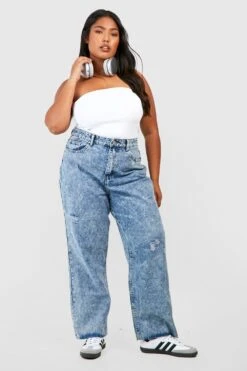 Plus Zerrissene Jeans Mit Geradem Bein Und Acid-Waschung