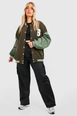 Plus Bomberjacke Mit PU-Ärmeln 8 Plus Bomberjacke Mit PU-Ärmeln -Plus Jane Stil Geschaft gzz47271 green xl 2