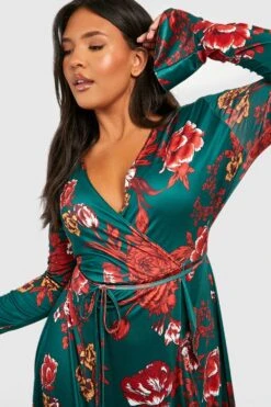 Plus Florales Rüschen-Wickelkleid -Plus Jane Stil Geschaft gzz48415 green xl 3