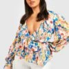 Plus Florale Rüschen Wickel-Bluse -Plus Jane Stil Geschaft gzz48609 blue xl