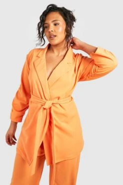 Plus Jersey-Blazer Mit Gerafften Ärmeln Und Gürtel -Plus Jane Stil Geschaft gzz49729 pale20orange xl 2