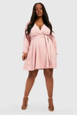 Plus Wickel-Skaterkleid Mit Bindegürtel -Plus Jane Stil Geschaft gzz49742 blush xl 2