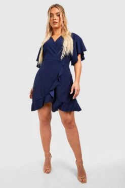Plus Rüschen Wickel-Skaterkleid Mit Fledermaus-Ärmeln -Plus Jane Stil Geschaft gzz49744 navy xl 2